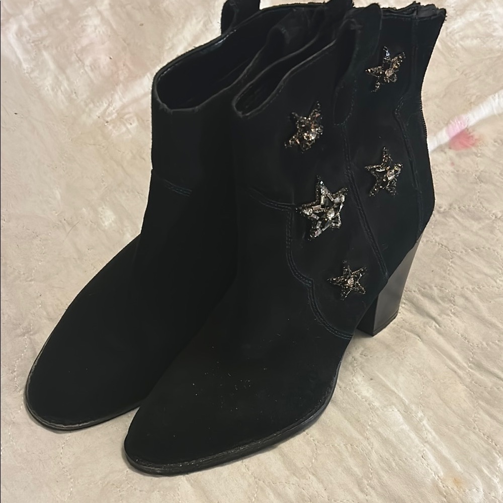 Anna Sui Dazzler- Black Heeled Boots with Star beaded Embellishments. Size 10